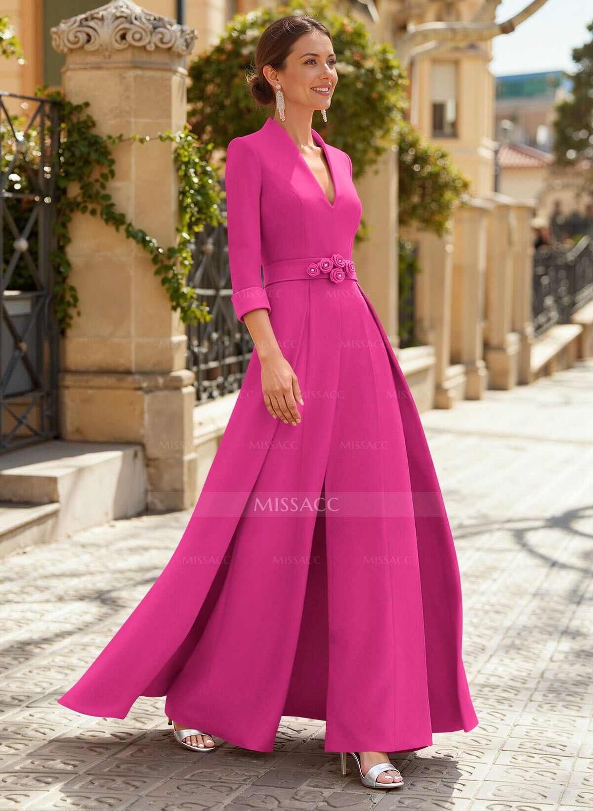 Jumpsuit Pantsuit V-Neck 3/4 Sleeves Floor-Length Elastic Satin Mother Of The Bride Dresses With Flower