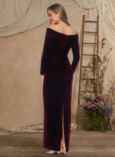 Sheath Column Off-The-Shoulder Long Sleeves Floor-Length Velvet Mother Of The Bride Dresses With