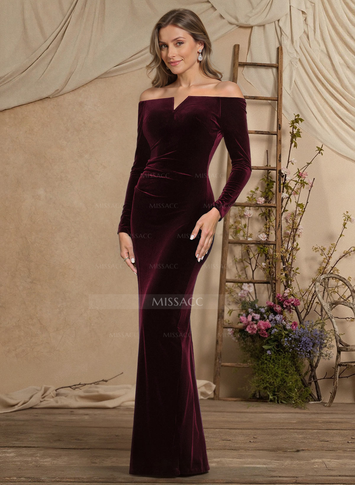 Sheath Column Off-The-Shoulder Long Sleeves Floor-Length Velvet Mother Of The Bride Dresses With