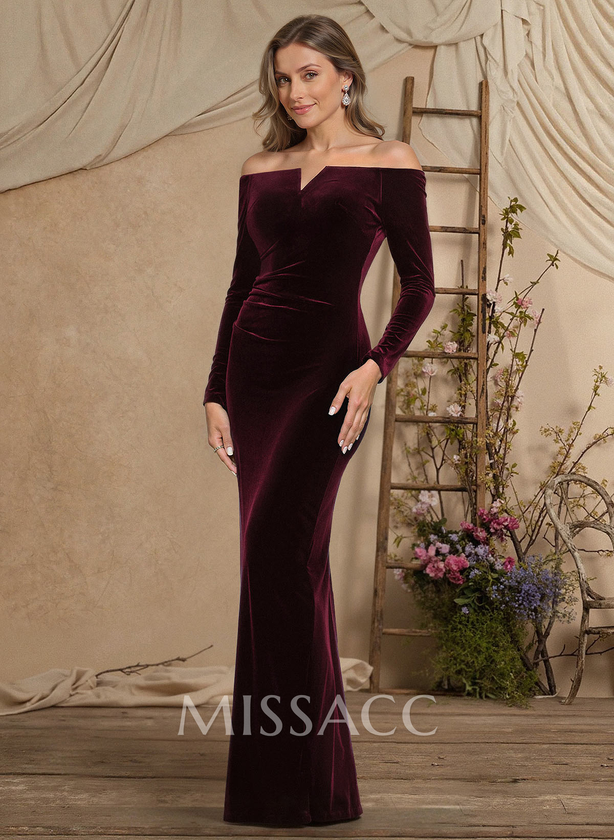 Sheath Column Off-The-Shoulder Long Sleeves Floor-Length Velvet Mother Of The Bride Dresses With