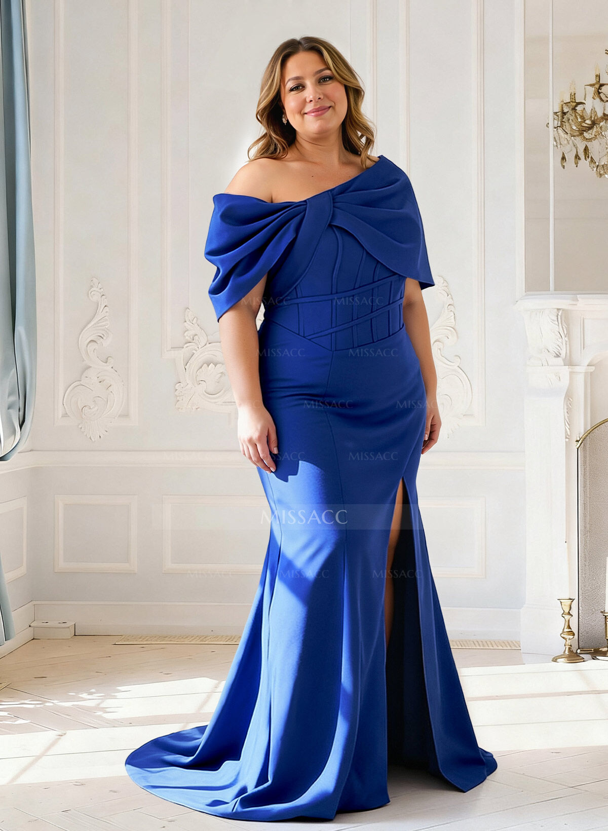 Sheath Column One-Shoulder Sleeveless Sweep Train Elastic Satin Mother Of The Bride Dresses With Split Front