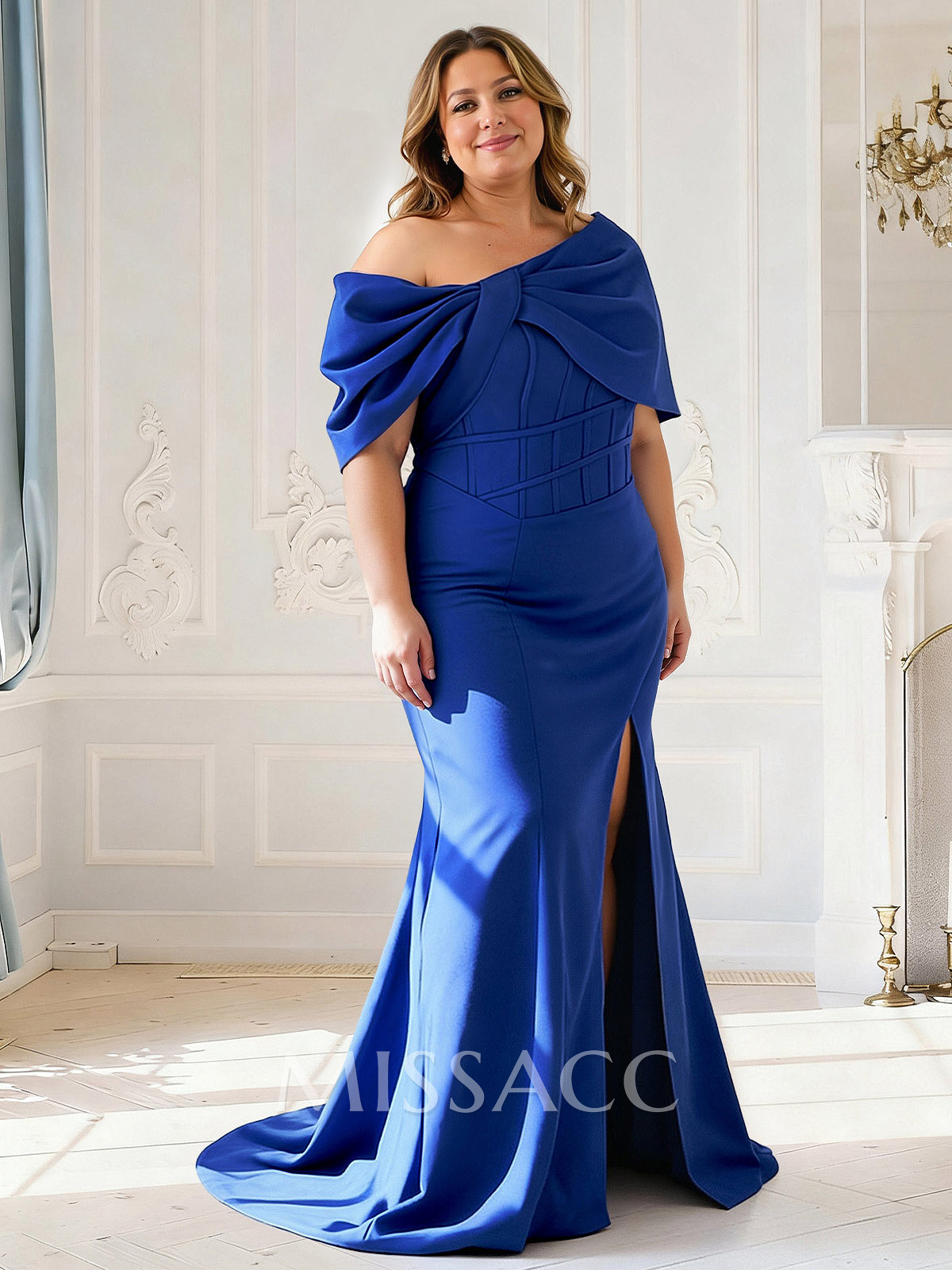 Sheath Column One-Shoulder Sleeveless Sweep Train Elastic Satin Mother Of The Bride Dresses With Split Front