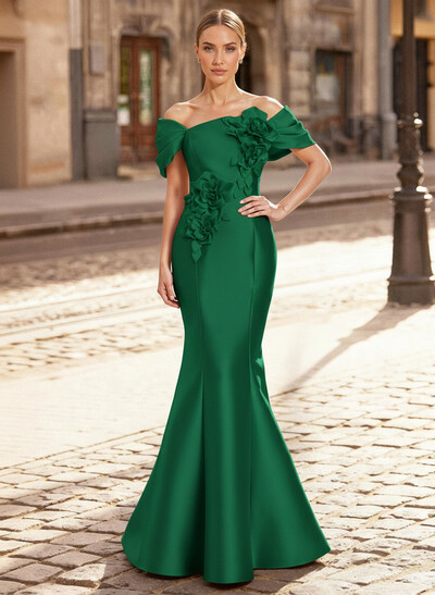 Elegant Off-The-Shoulder Sleeveless Mermaid Sweep Train Satin Mother Of The Bride Dresses With Flower(s)