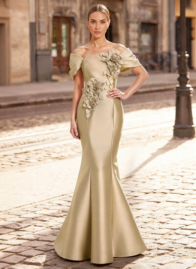 Elegant Off-The-Shoulder Sleeveless Mermaid Sweep Train Satin Mother Of The Bride Dresses With Flower(s)