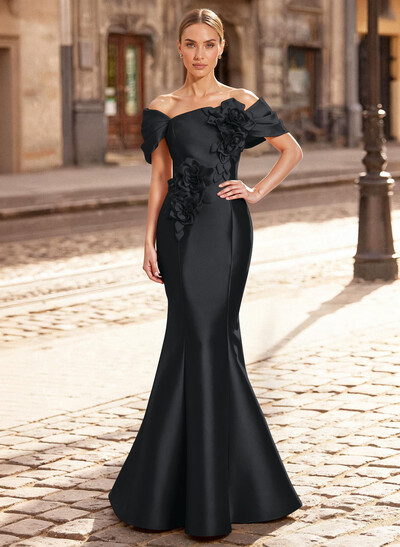Elegant Off-The-Shoulder Sleeveless Mermaid Sweep Train Satin Mother Of The Bride Dresses With Flower(s)