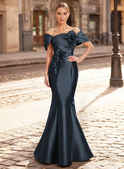 Elegant Off-The-Shoulder Sleeveless Mermaid Sweep Train Satin Mother Of The Bride Dresses With Flower(s)