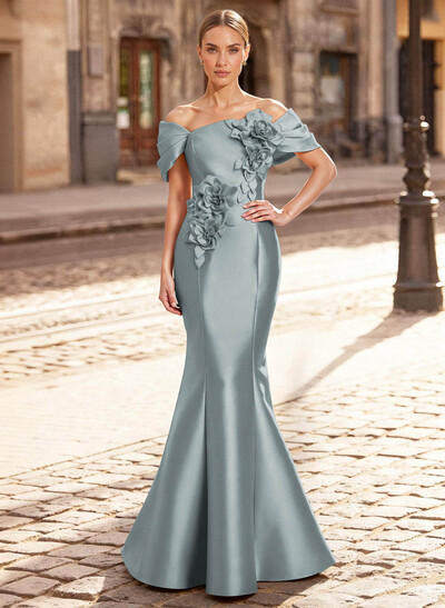 Elegant Off-The-Shoulder Sleeveless Mermaid Sweep Train Satin Mother Of The Bride Dresses With Flower(s)