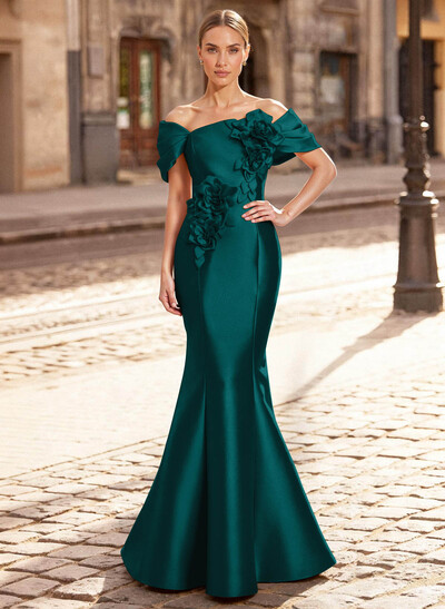 Elegant Off-The-Shoulder Sleeveless Mermaid Sweep Train Satin Mother Of The Bride Dresses With Flower(s)