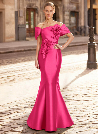 Elegant Off-The-Shoulder Sleeveless Mermaid Sweep Train Satin Mother Of The Bride Dresses With Flower(s)