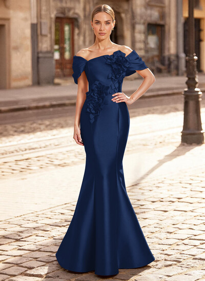 Elegant Off-The-Shoulder Sleeveless Mermaid Sweep Train Satin Mother Of The Bride Dresses With Flower(s)