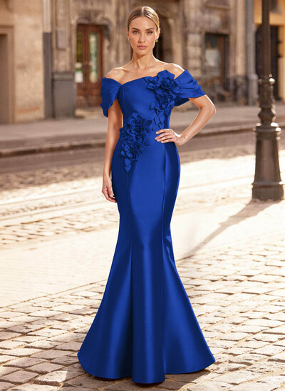 Elegant Off-The-Shoulder Sleeveless Mermaid Sweep Train Satin Mother Of The Bride Dresses With Flower(s)