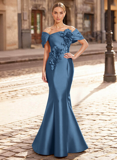 Elegant Off-The-Shoulder Sleeveless Mermaid Sweep Train Satin Mother Of The Bride Dresses With Flower(s)