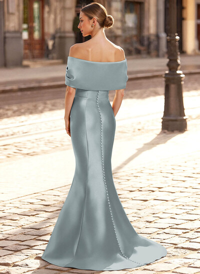 Elegant Off-The-Shoulder Sleeveless Mermaid Sweep Train Satin Mother Of The Bride Dresses With Flower(s)