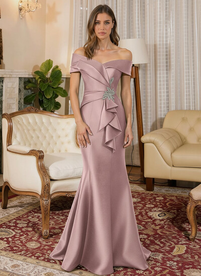 Trumpet Mermaid Off-The-Shoulder Sleeveless Sweep Train Satin Mother Of The Bride Dresses With Cascading Ruffles Rhinestone