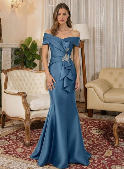 Trumpet Mermaid Off-The-Shoulder Sleeveless Sweep Train Satin Mother Of The Bride Dresses With Cascading Ruffles Rhinestone