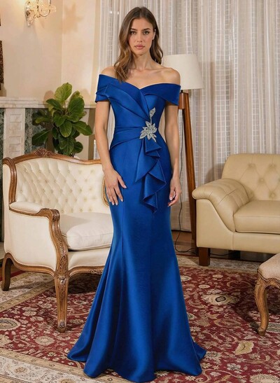 Trumpet Mermaid Off-The-Shoulder Sleeveless Sweep Train Satin Mother Of The Bride Dresses With Cascading Ruffles Rhinestone