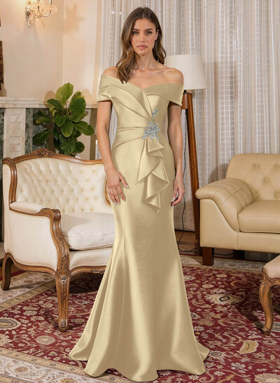Trumpet Mermaid Off-The-Shoulder Sleeveless Sweep Train Satin Mother Of The Bride Dresses With Cascading Ruffles Rhinestone