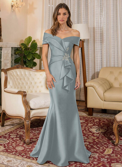 Trumpet Mermaid Off-The-Shoulder Sleeveless Sweep Train Satin Mother Of The Bride Dresses With Cascading Ruffles Rhinestone