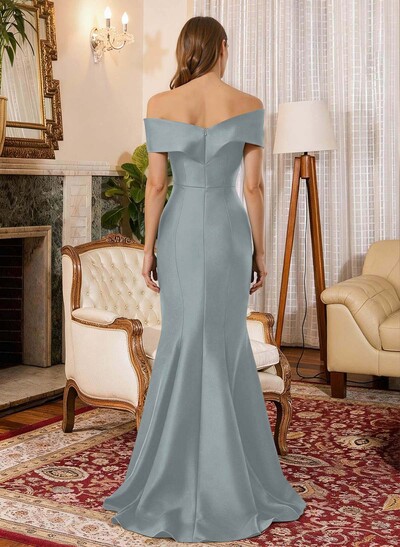 Trumpet Mermaid Off-The-Shoulder Sleeveless Sweep Train Satin Mother Of The Bride Dresses With Cascading Ruffles Rhinestone