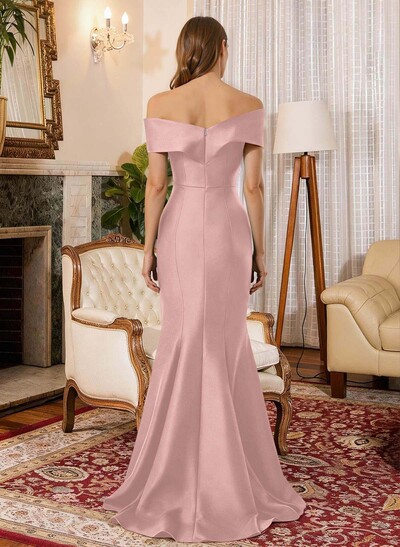 Trumpet Mermaid Off-The-Shoulder Sleeveless Sweep Train Satin Mother Of The Bride Dresses With Cascading Ruffles Rhinestone