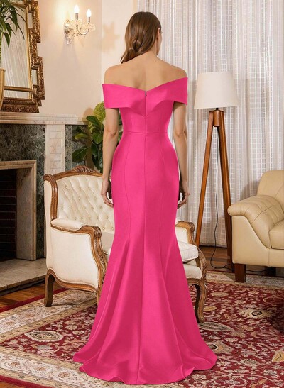 Trumpet Mermaid Off-The-Shoulder Sleeveless Sweep Train Satin Mother Of The Bride Dresses With Cascading Ruffles Rhinestone