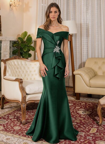 Trumpet Mermaid Off-The-Shoulder Sleeveless Sweep Train Satin Mother Of The Bride Dresses With Cascading Ruffles Rhinestone