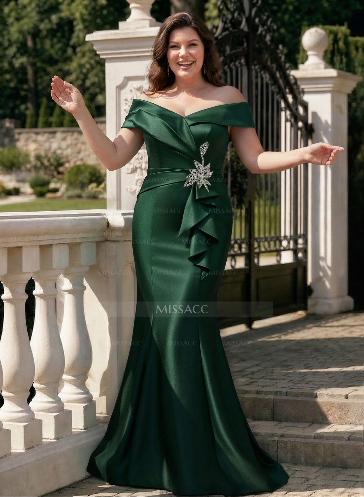 Trumpet Mermaid Off-The-Shoulder Sleeveless Sweep Train Satin Mother Of The Bride Dresses With Cascading Ruffles Rhinestone