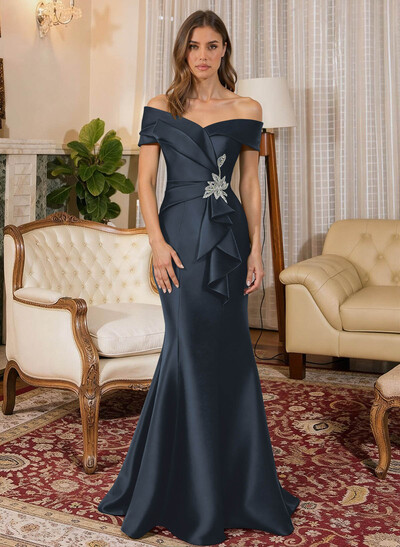 Trumpet Mermaid Off-The-Shoulder Sleeveless Sweep Train Satin Mother Of The Bride Dresses With Cascading Ruffles Rhinestone