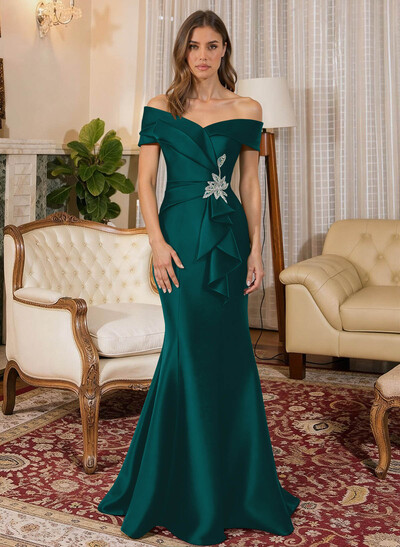 Trumpet Mermaid Off-The-Shoulder Sleeveless Sweep Train Satin Mother Of The Bride Dresses With Cascading Ruffles Rhinestone