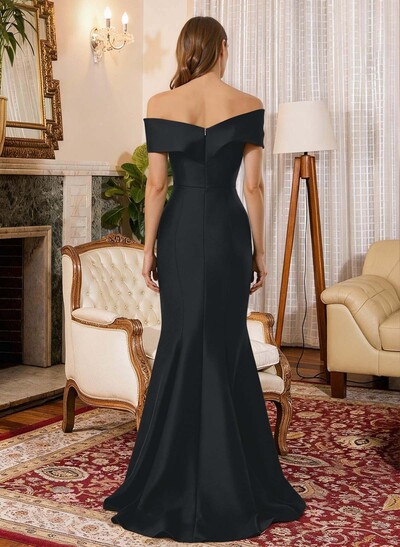 Trumpet Mermaid Off-The-Shoulder Sleeveless Sweep Train Satin Mother Of The Bride Dresses With Cascading Ruffles Rhinestone