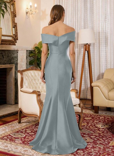 Trumpet Mermaid Off-The-Shoulder Sleeveless Sweep Train Satin Mother Of The Bride Dresses With Cascading Ruffles Rhinestone