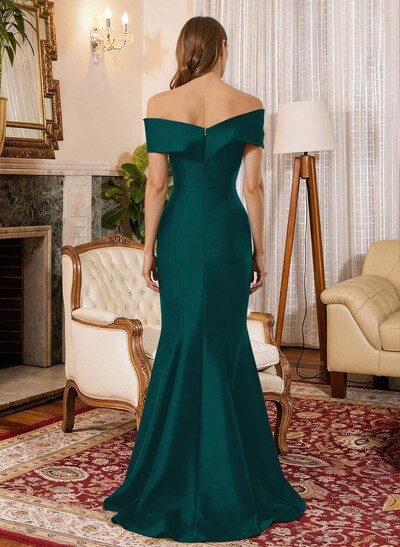 Trumpet Mermaid Off-The-Shoulder Sleeveless Sweep Train Satin Mother Of The Bride Dresses With Cascading Ruffles Rhinestone