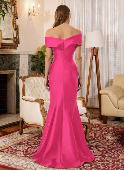 Trumpet Mermaid Off-The-Shoulder Sleeveless Sweep Train Satin Mother Of The Bride Dresses With Cascading Ruffles Rhinestone