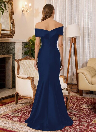 Trumpet Mermaid Off-The-Shoulder Sleeveless Sweep Train Satin Mother Of The Bride Dresses With Cascading Ruffles Rhinestone