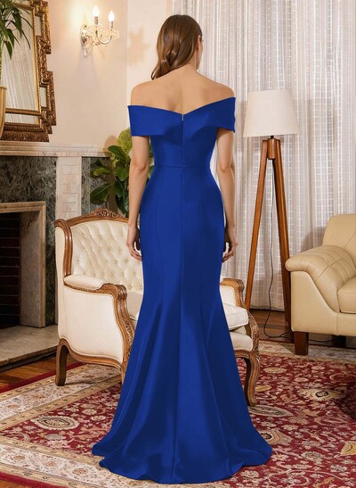 Trumpet Mermaid Off-The-Shoulder Sleeveless Sweep Train Satin Mother Of The Bride Dresses With Cascading Ruffles Rhinestone