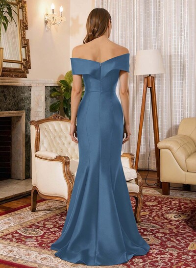 Trumpet Mermaid Off-The-Shoulder Sleeveless Sweep Train Satin Mother Of The Bride Dresses With Cascading Ruffles Rhinestone