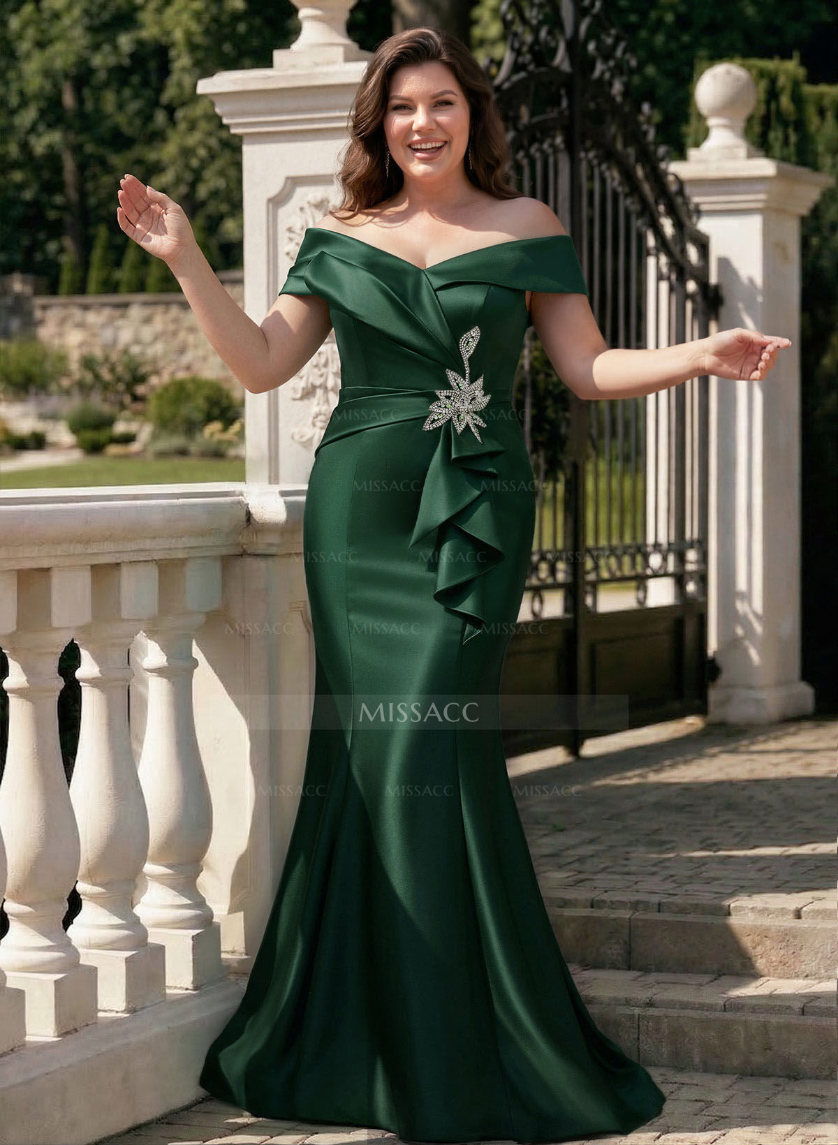 Trumpet Mermaid Off-The-Shoulder Sleeveless Sweep Train Satin Mother Of The Bride Dresses With Cascading Ruffles Rhinestone