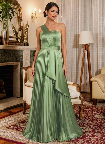 A-Line One-Shoulder Sleeveless Floor-Length Satin Evening Dresses With Ruffle