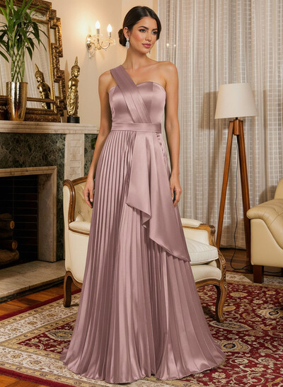 A-Line One-Shoulder Sleeveless Floor-Length Satin Mother Of The Bride Dresses With Ruffle