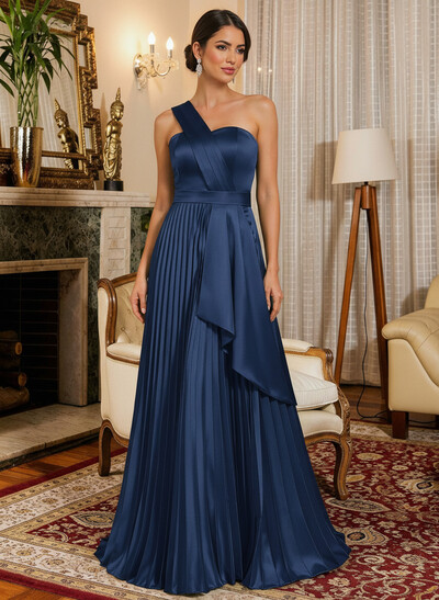 A-Line One-Shoulder Sleeveless Floor-Length Satin Mother Of The Bride Dresses With Ruffle