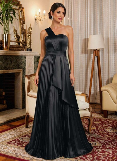 A-Line One-Shoulder Sleeveless Floor-Length Satin Mother Of The Bride Dresses With Ruffle