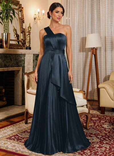 A-Line One-Shoulder Sleeveless Floor-Length Satin Mother Of The Bride Dresses With Ruffle