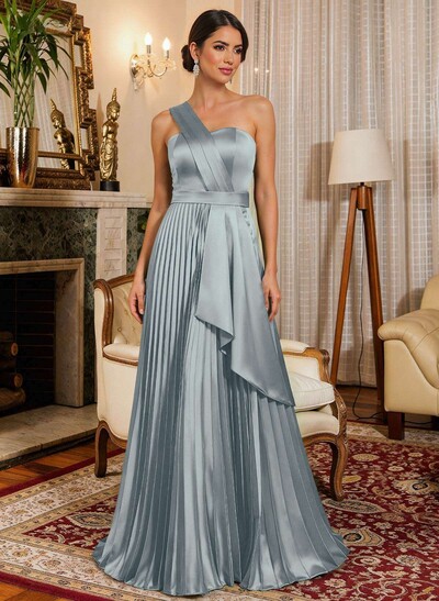 A-Line One-Shoulder Sleeveless Floor-Length Satin Mother Of The Bride Dresses With Ruffle