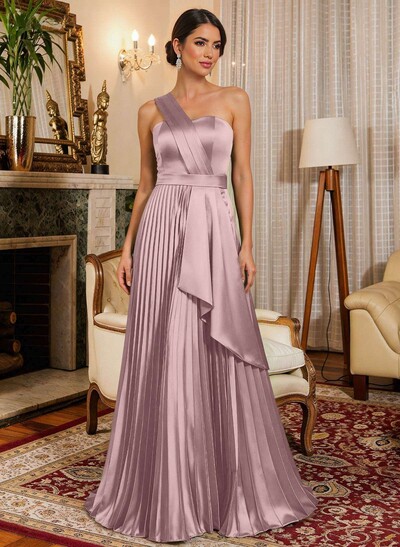A-Line One-Shoulder Sleeveless Floor-Length Satin Mother Of The Bride Dresses With Ruffle