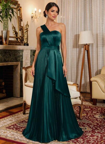 A-Line One-Shoulder Sleeveless Floor-Length Satin Mother Of The Bride Dresses With Ruffle