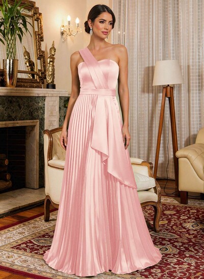 A-Line One-Shoulder Sleeveless Floor-Length Satin Mother Of The Bride Dresses With Ruffle