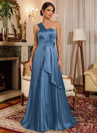 A-Line One-Shoulder Sleeveless Floor-Length Satin Mother Of The Bride Dresses With Ruffle