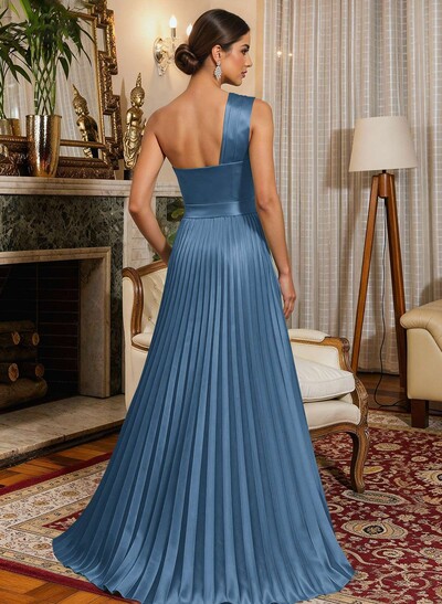 A-Line One-Shoulder Sleeveless Floor-Length Satin Mother Of The Bride Dresses With Ruffle