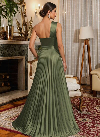 A-Line One-Shoulder Sleeveless Floor-Length Satin Mother Of The Bride Dresses With Ruffle
