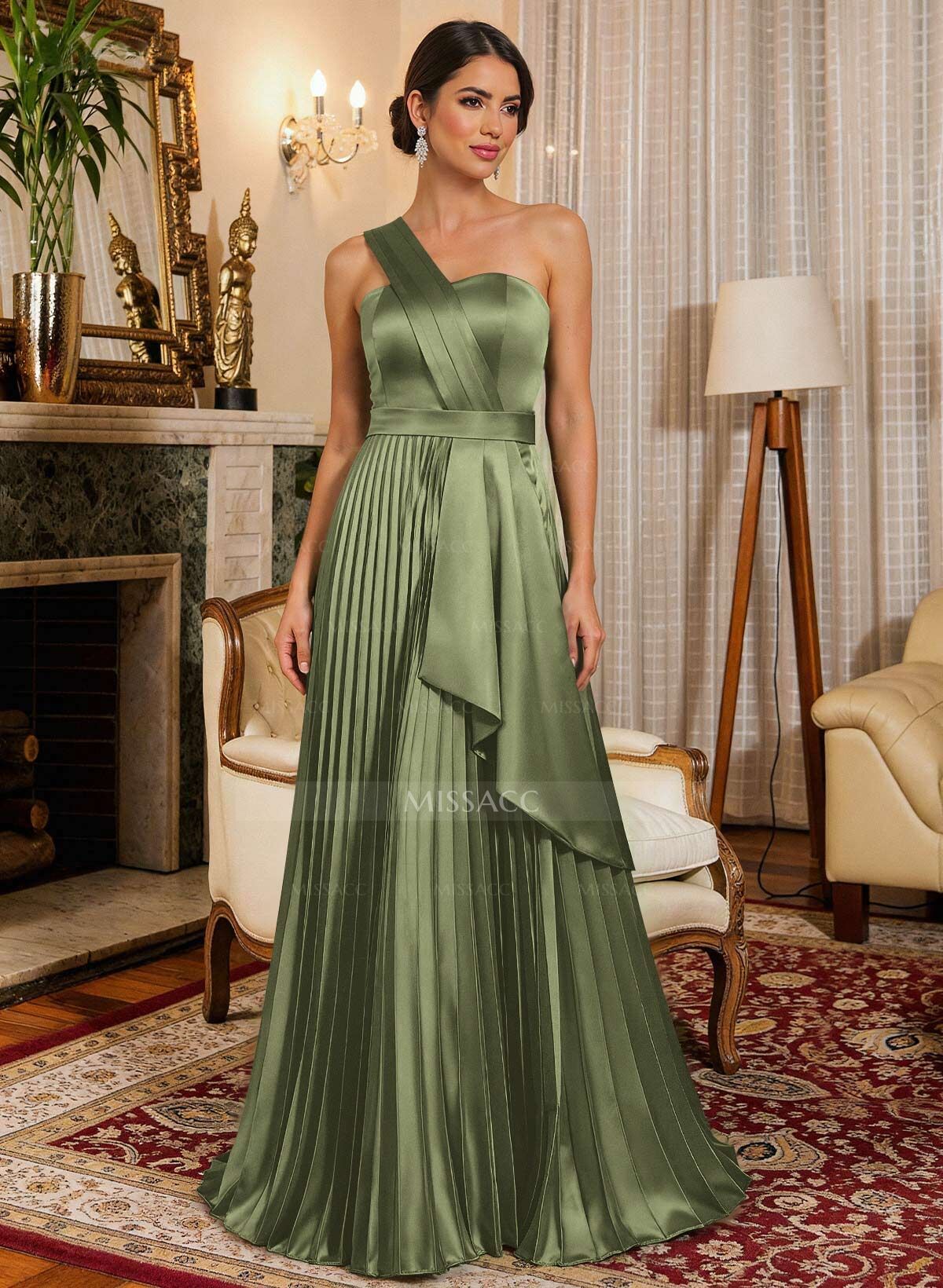 A-Line One-Shoulder Sleeveless Floor-Length Satin Mother Of The Bride Dresses With Ruffle